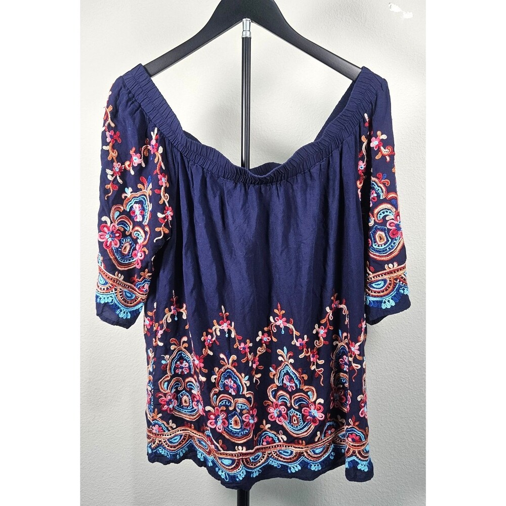 Karen Kane 1X Embroidered Peasant Blouse Navy Boho Off Shoulder Top Made in‎ USA